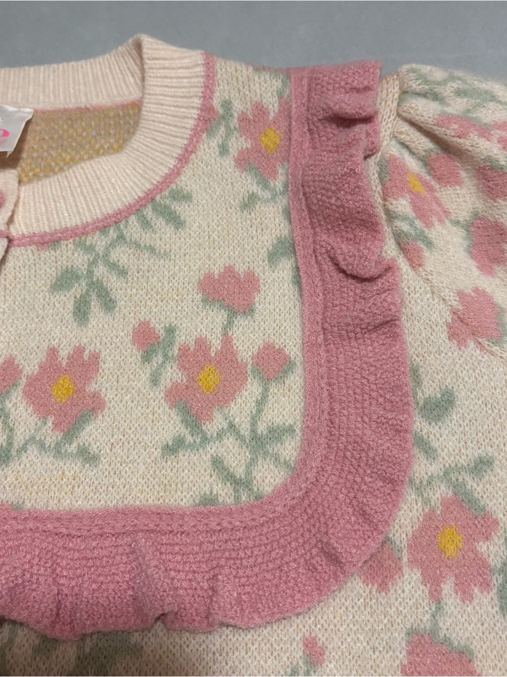 So Me L Pink Floral Ruffle Cardigan Coquette Cottagecore Puff Sleeve Sweater - Picture 8 of 15